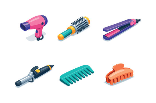Hair Beauty Essentials. Hair Beauty Tools. Isometric flat vector icons set of Hair Beauty Tools: hair dryer, round hair brush, flat iron, curling iron, wide