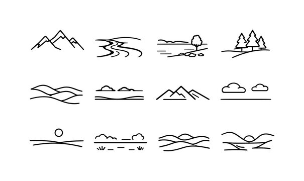 Tranquil Landscapes Icons. Tranquil outdoor landscape. Line icon set of Tranquil outdoor landscape: mountain range, flowing river, quiet lake shore, forest