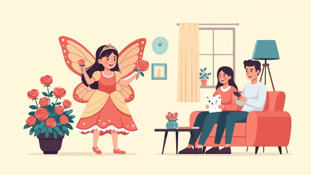 A fairy girl offers a rose to a couple relaxing on a sofa with their cat