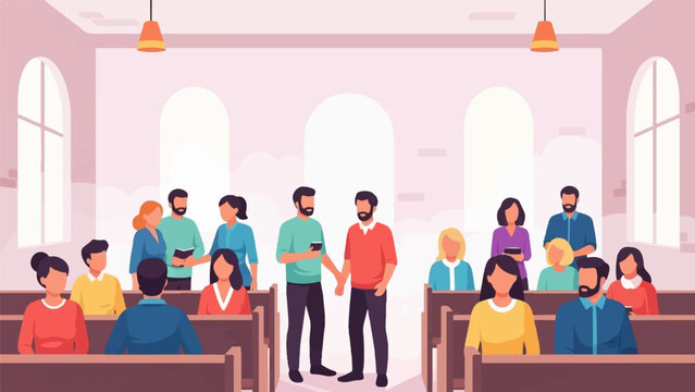 A group of diverse people are gathered inside a brightly lit, modern church interior