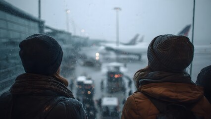 Atmospheric view through a rainy window of passengers watching a commercial airplane on the foggy tarmac during a cold winter day, capturing travel anticipation.
