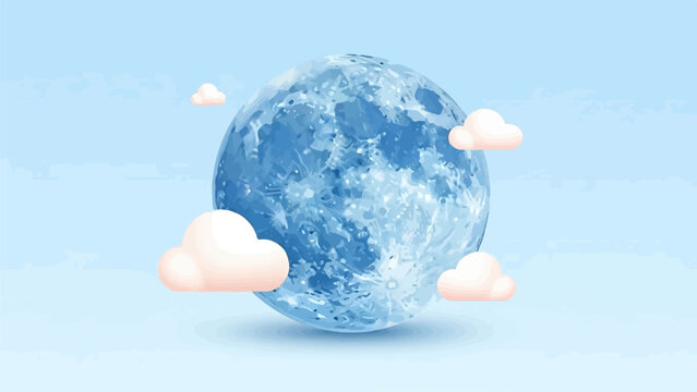 A large blue moon hangs in a pale blue sky with fluffy pink clouds