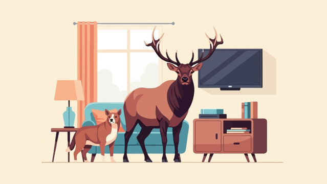 A large elk and a small dog stand in a living room by a TV