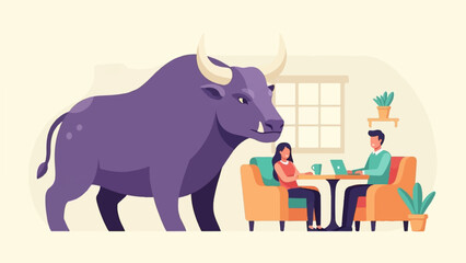 Fototapeta premium A large purple bull stands over a couple working on laptops indoors