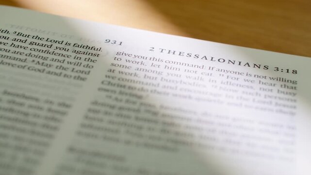 Bible transition from 2 Thessalonians to 1 Timothy during a close up study. High-quality shot of flipping pages from the letters to the church to the pastoral epistles in the New Testament.