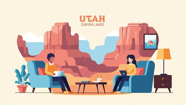 A man and woman relax indoors with a view of canyon lands