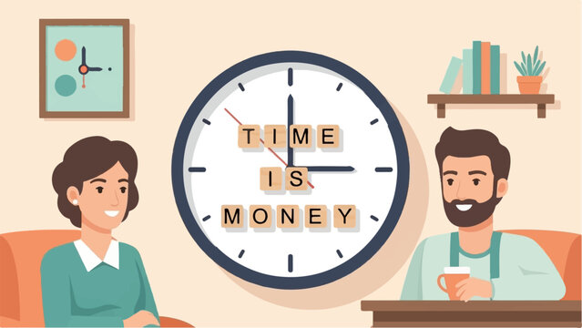 A man and woman sit opposite each other, a clock with spelled words between them