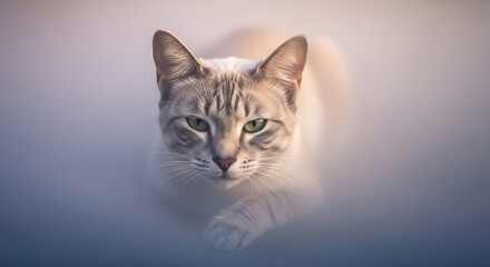Obraz premium A captivating portrait of a silver tabby cat with striking green eyes gazing directly at the viewer