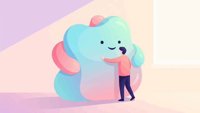 A person hugs a large, friendly blob creature in soft pastel colors