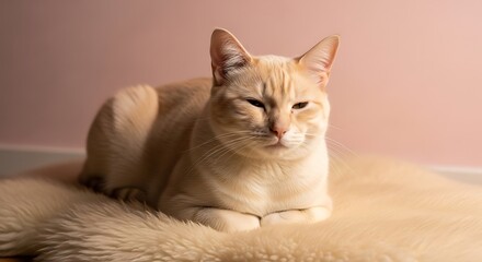 A serene siamese cat with a creamy coat rests comfortably on a soft fluffy rug