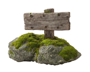Wooden Signpost Resting on Moss-Covered Rocks