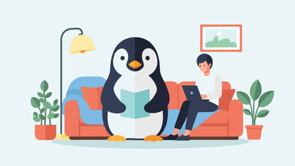 A person and a penguin relaxing on a couch, reading and working © three