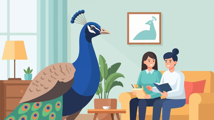 A peacock stands near two women reading on a couch © three