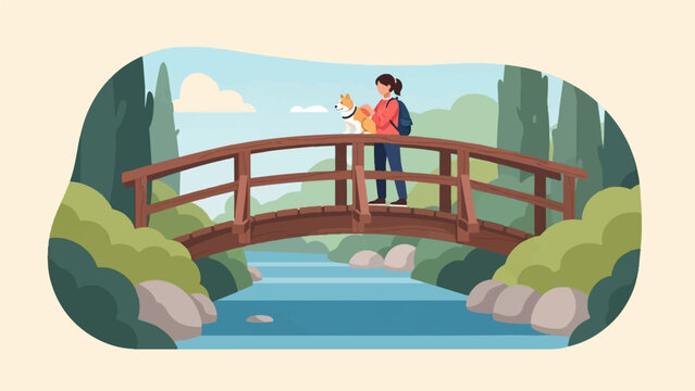 A person and dog on a bridge over a river in a lush, green landscape