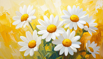 Fototapeta premium White daisies with yellow centers, slightly imperfect hand-drawn shapes, oil painting style, acrylic art