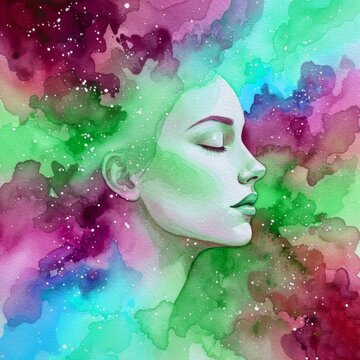 Profilo di donna mistica in stile acquerello astratto