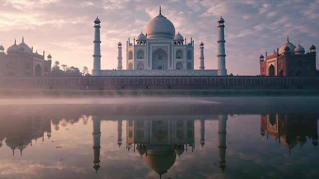 Taj Mahal at sunrise with reflection in Yamuna River, Agra, India.