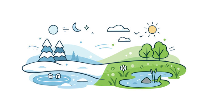 Seasonal Harmony Illustration. Nature balance transition illustration. A simple landscape where frozen ground and fresh grass coexist in harmony. The scene