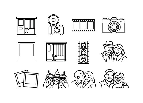 Retro Photo Booth Icons. Retro Photo Booth. Line icon set of Retro Photo Booth: vintage booth cabin, old camera flash, film strip photos, analog camera,