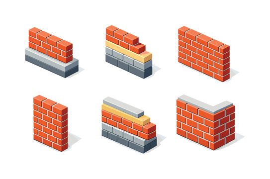 Colorful Brick Wall Icons. Wall building. Isometric flat vector icons set of wall building: brick wall foundation, rising wall layers, classic brick wall