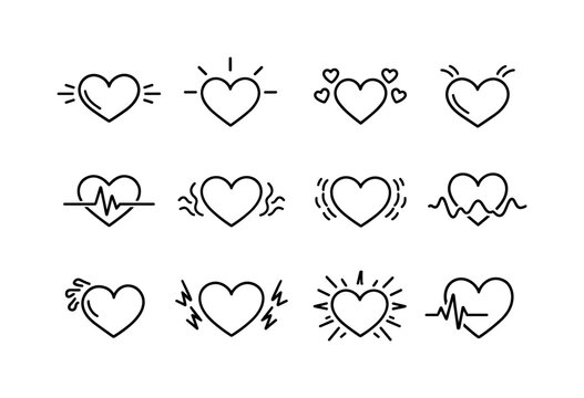 Emotional Heartbeat Icons. Emotional heartbeat. Line icon set of Emotional heartbeat: fast beating heart, heart with surprise lines, love rush symbol, excited