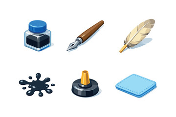 Ink Tool Icons. Ink Tools. Isometric flat vector icons set of Ink Tools: glass ink jar, metal dip pen, feather quill, ink drop splash, pen holder stand,