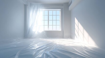 Bright minimalist empty room with sunlight and soft shadows