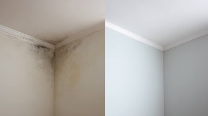 Ceiling water damage before and after renovation concept