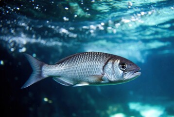 Naklejka premium A silver fish swims gracefully underwater in a clear aquatic environment