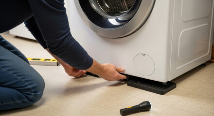 Expert hands carefully installing anti-vibration pads under a modern washing machine to ensure stability, quiet operation, and prolonged appliance lifespan in a home setting