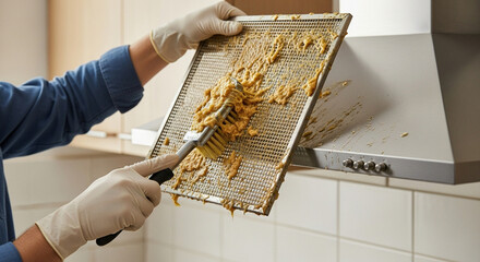 Hands in protective gloves meticulously scrubbing a heavily greased kitchen exhaust fan filter, restoring cleanliness and improving ventilation