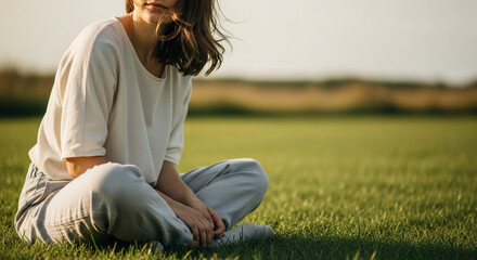 Young woman sitting peacefully on vibrant green grass, enjoying a quiet moment outdoors in the warm sunlight, reflecting on life's simple pleasures