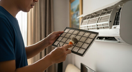 Man cleaning air conditioner filter at home with a brush