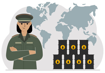 A woman in military uniform stands next to oil barrels. A world map is in the background. Flat vector illustration.