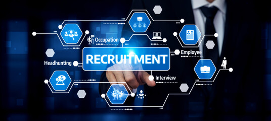 Fototapeta premium A dynamic representation of modern recruitment technology with digital icons that highlight the job search, interview, and employee selection processes. Tessel