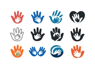 Fototapeta premium Parent-Child Icon Set. Parent-child connection. Icon set. Set Logo of parent-child connection: joined handprints. harmonious logo variations of the same