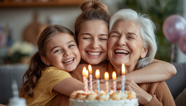 A happy family of three generations smiling together with a birthday cake