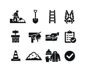 Winter Roof Icons. Winter Roof Maintenance. Solid icon set of Winter Roof Maintenance: roof snow removal, shovel tool, safety ladder, roof harness, chimney
