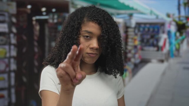 African american woman with curly hair pinches nose beside souvenir kiosk on sunny city street; disgust.