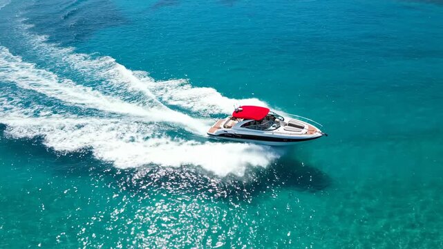  Aerial time-lapse footage taken while descending toward a red-roofed speedboat circling, creating beautiful shapes in the clear sea. One of the best places to relax.
