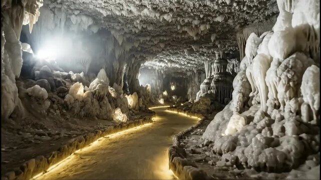Enchanting journey through illuminated ice cave with winding pathway