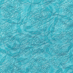Elegant turquoise floral embossed pattern with layered flowers and leaves, refined decorative background ideal for luxury wallpapers and design projects.