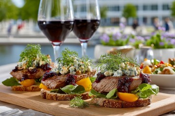  Tabla con varias tostadas gourmet con carne asada, verduras frescas y hierbas, acompañadas por dos copas de vino tinto. Escena al aire libre en restaurante con fondo urbano y ambiente relajado. 