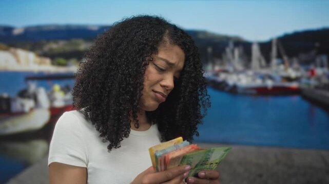 Southafrican woman frowning while counting rand banknotes with hands at a seaside port building; worry.