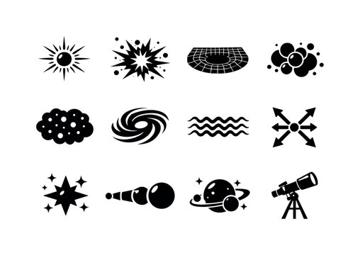 Big Bang Icons. Big Bang Theory. Solid icon set of Big Bang Theory: singularity point, explosive expansion, spacetime grid, particle formation, early universe