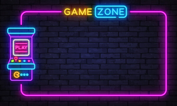 Neon arcade machine with vivid lights inside a glowing rectangular frame. Modern entertainment background suited for gaming rooms, promo banners, or digital screens.