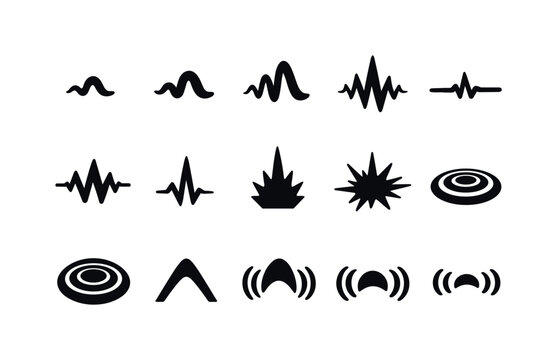 Sound Intensity Icons. Sound intensity icons. Solid icon set of sound intensity icons: low wave, medium wave, high wave, quiet pulse, loud pulse, sharp spike,