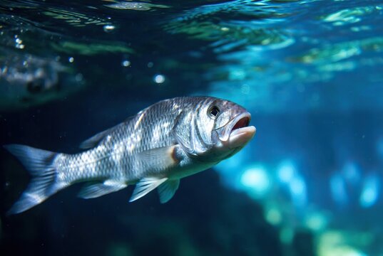 A silver fish swims gracefully underwater in a clear blue aquatic environment