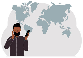 A man trying to make a call on a mobile phone against a world map. Flat vector illustration.