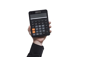 Hand holding a black calculator